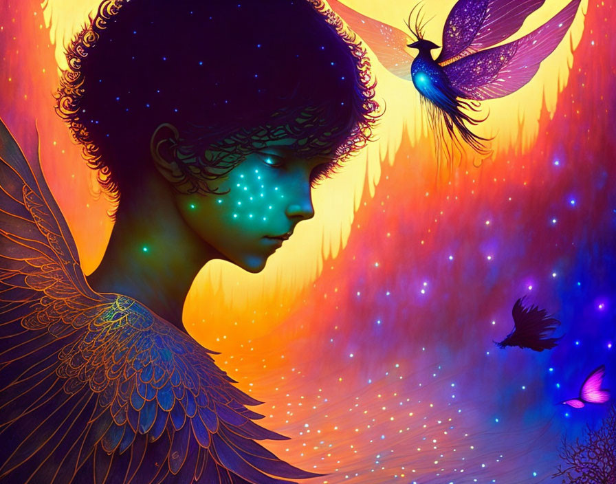 Person with Glowing Blue Dots, Feathered Wings, Peacock, and Starry Background