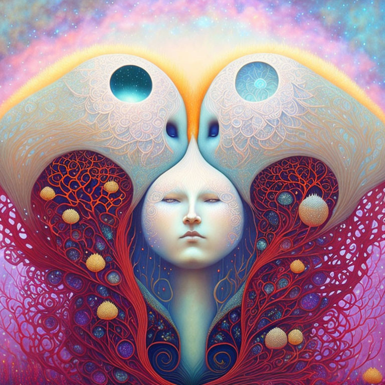 Surreal illustration of tranquil face with celestial eyes and ornate feather-like patterns