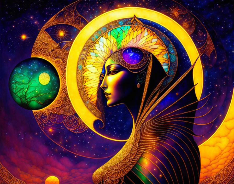Colorful cosmic illustration of a woman with crescent moon headdress and glowing orb surrounded by stars