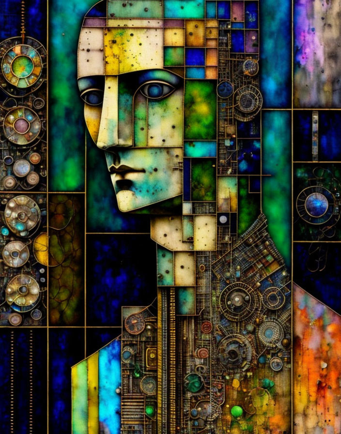 Colorful geometric mosaic artwork of a stylized human face