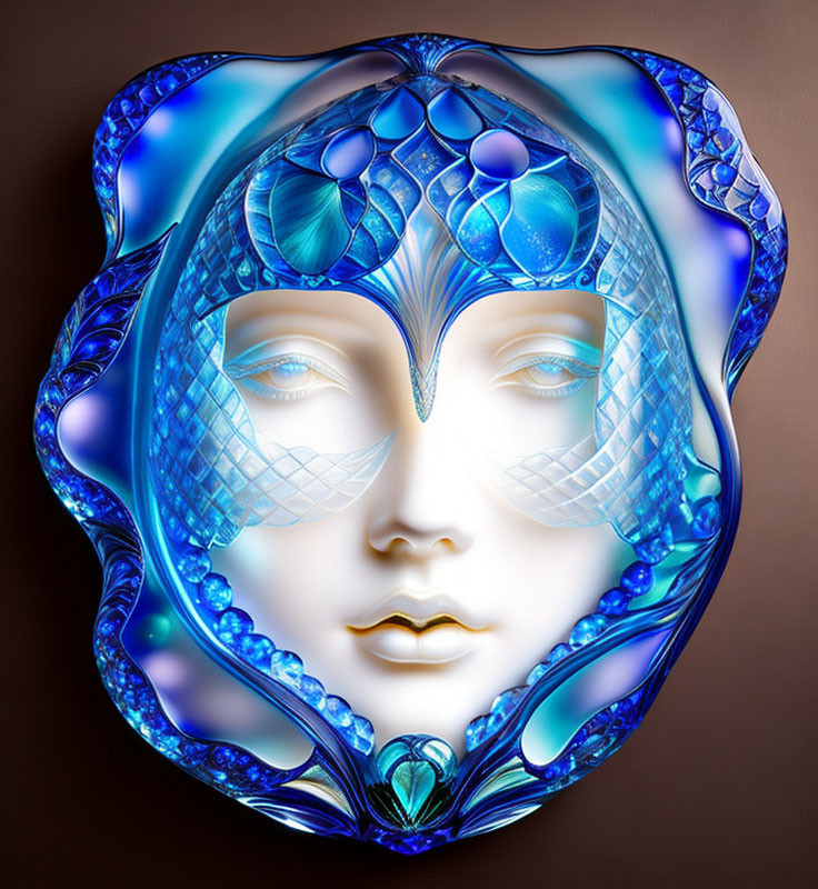 Symmetric ethereal face glass art with blue patterns and flowery border