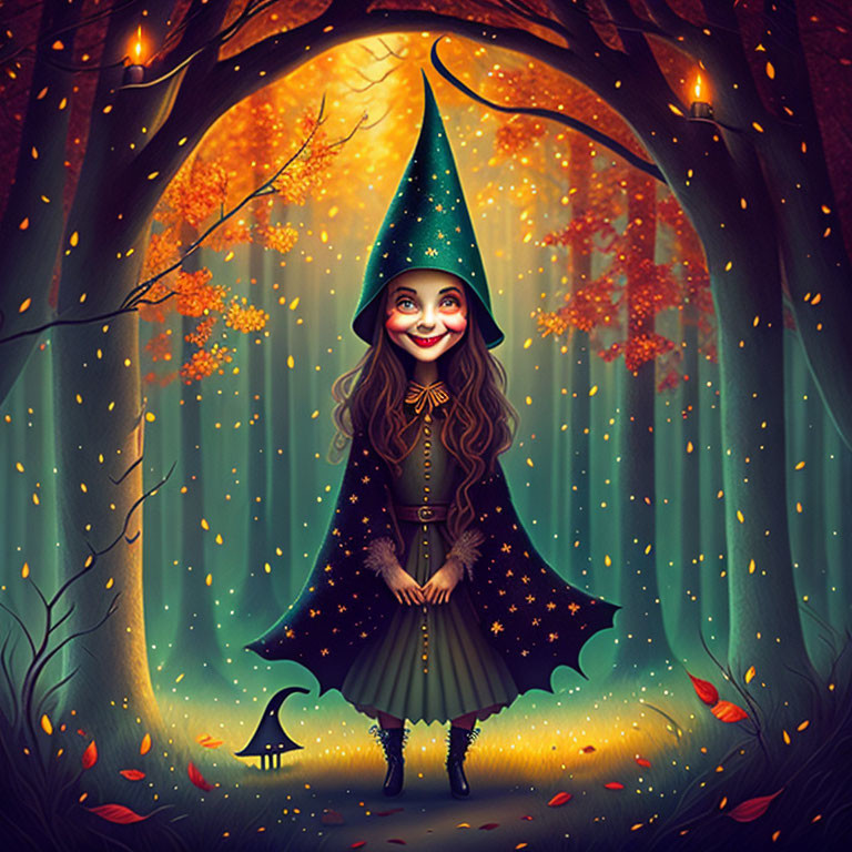 Smiling witch with black cat in enchanted autumn forest