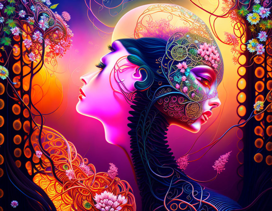 Colorful profile views of a woman with floral motifs in intricate nature-inspired artwork