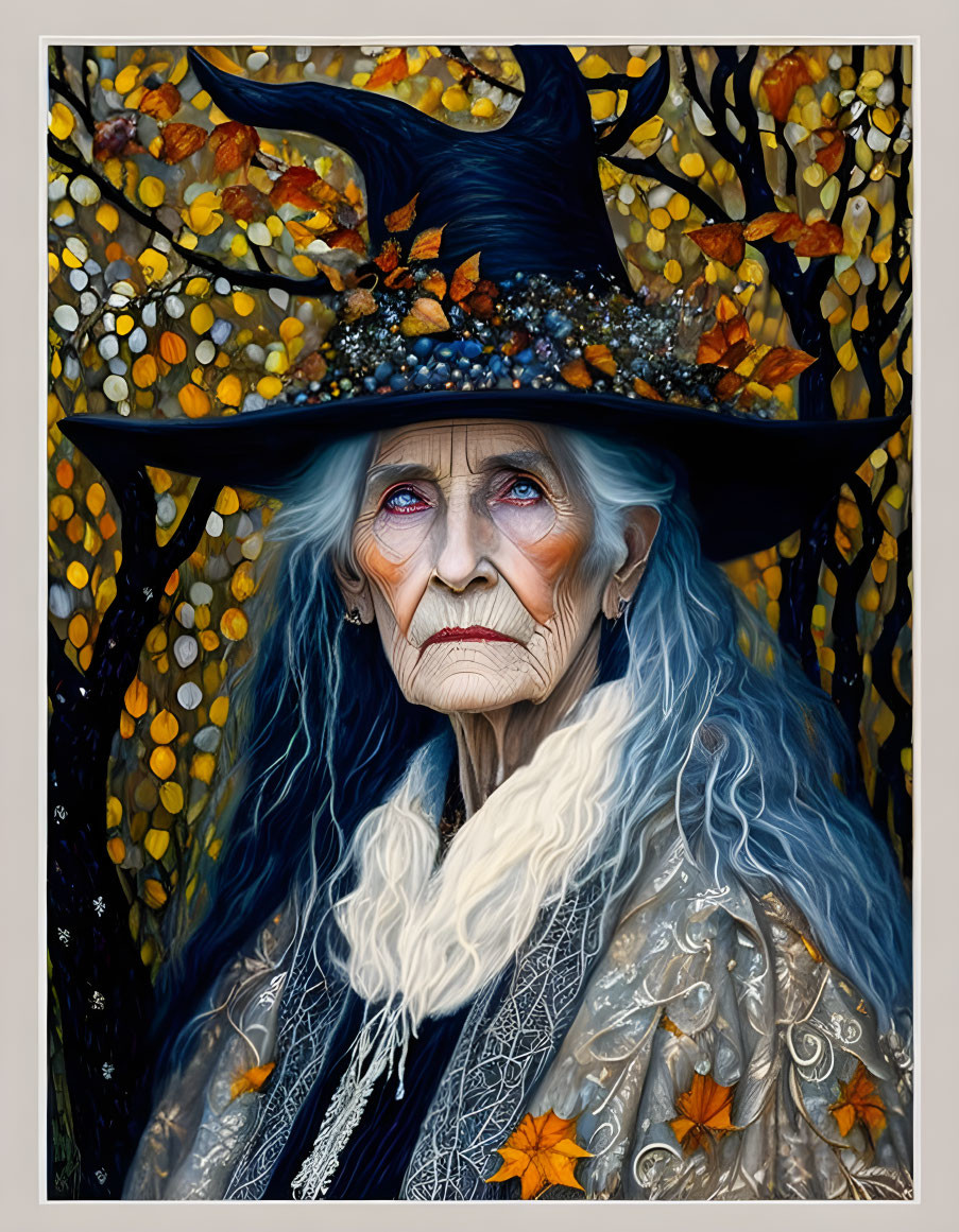 Elderly woman with intense eyes in witch's hat among autumn leaves.