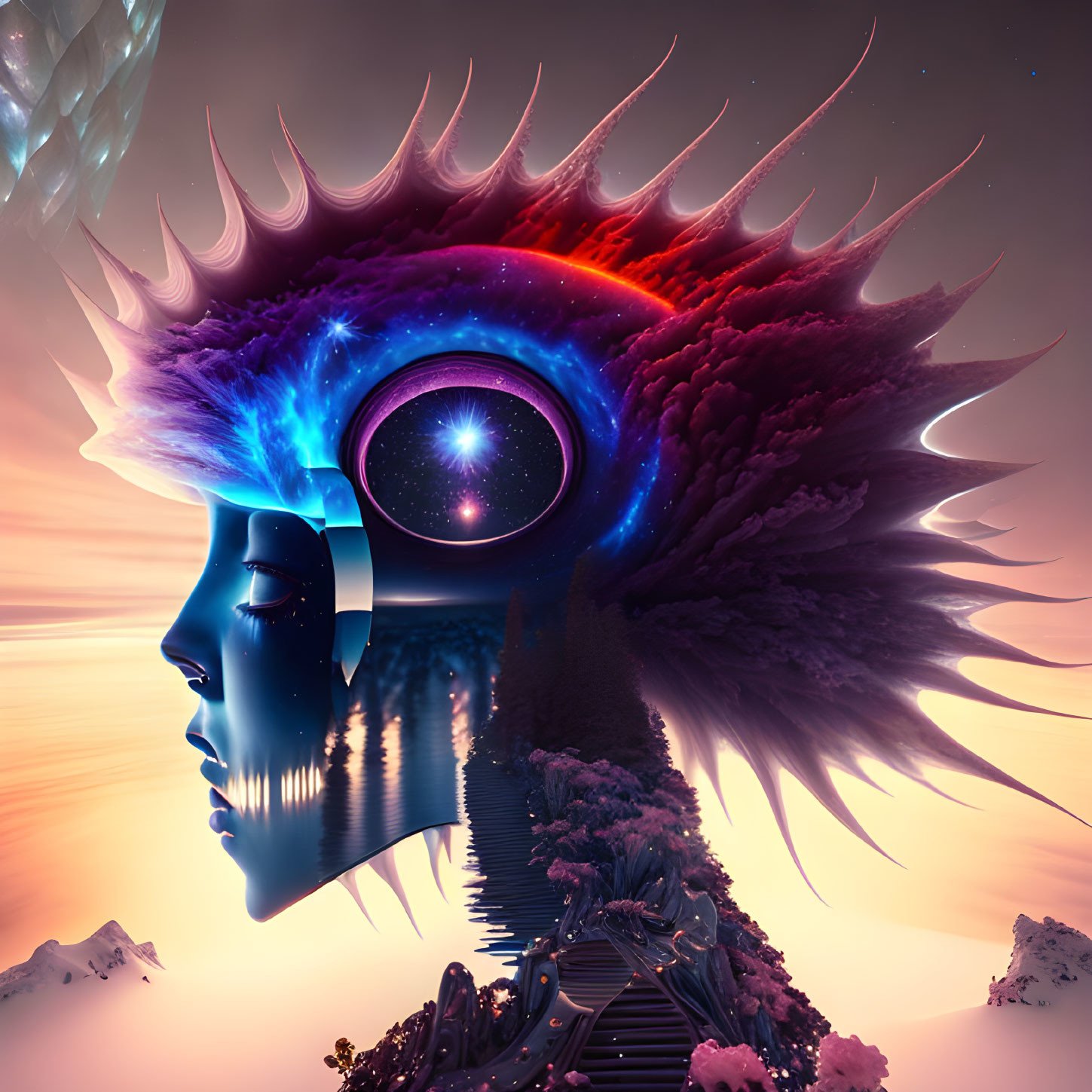 Surreal digital artwork: human profile, cosmic landscape, pathway to starry eye