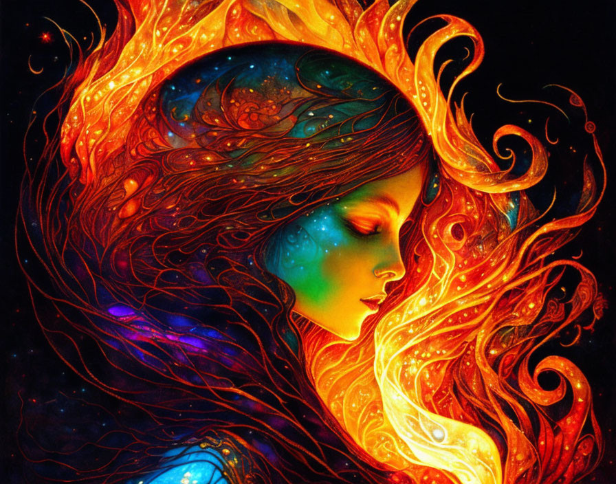 Colorful artwork: woman with fiery orange hair merging with cosmic patterns on dark backdrop