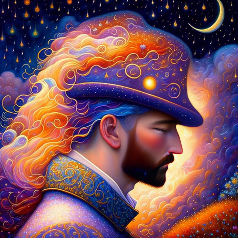 Colorful illustration of man with celestial hat and beard in cosmic background