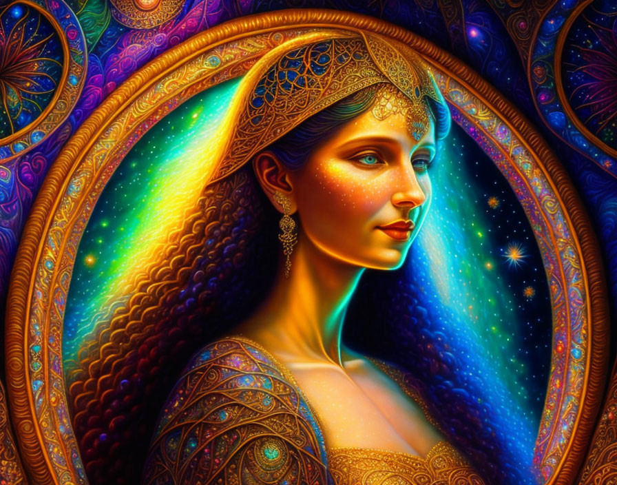 Colorful digital artwork: woman with intricate jewelry and cosmic background