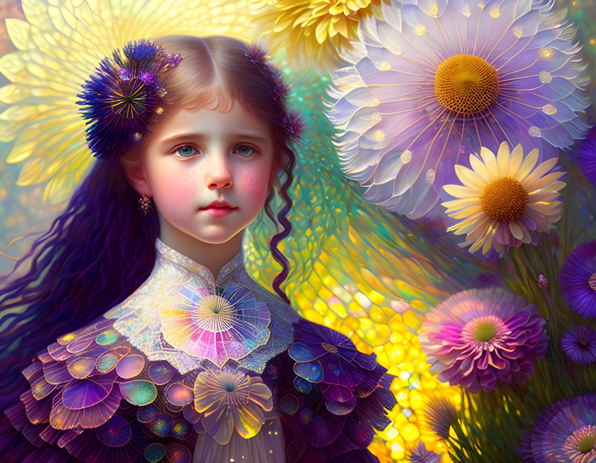 Young girl with auburn hair and purple flowers in vibrant floral setting