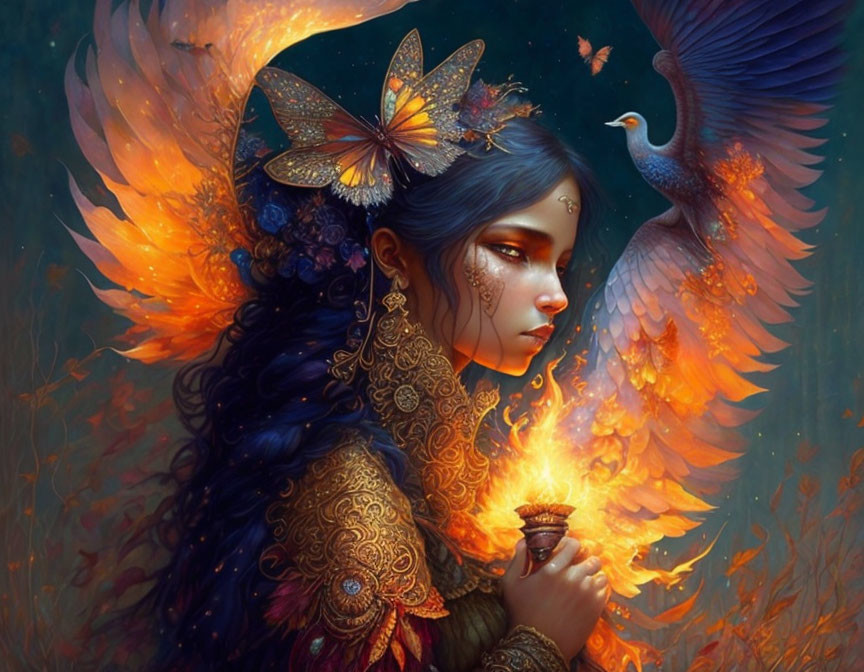 Fantastical woman with wings, flames, peacock, and butterfly in intricate setting