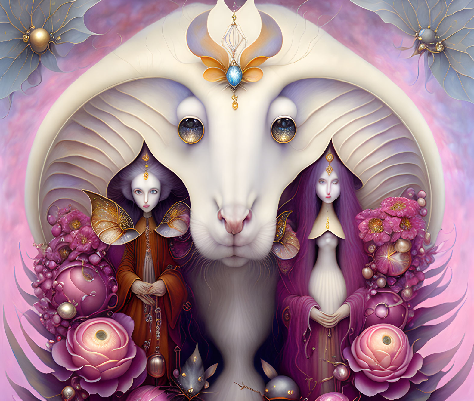 Fantastical image: White ram with decorative headpiece, ethereal female figures, floral elements,