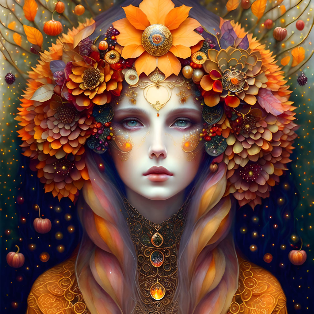 Surreal portrait of a woman with floral headdress, autumnal hues, gold accents, and