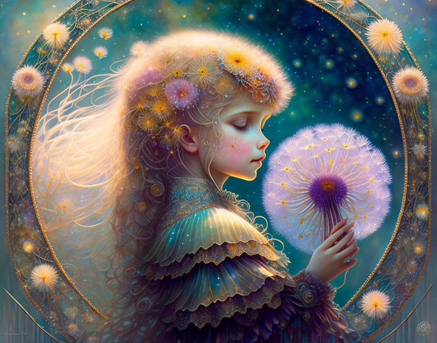 Illustration of young girl with flowers, dandelion, and star-filled aura