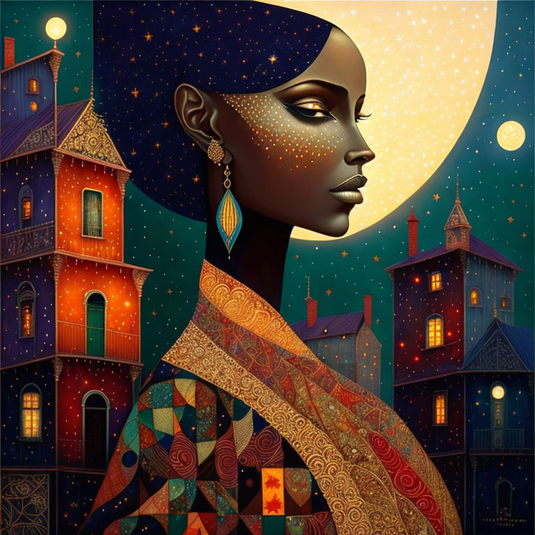 Stylized portrait of woman with stars on face against colorful backdrop