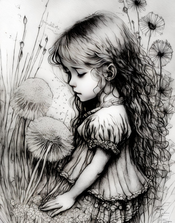 Monochromatic illustration: Young girl in a dress among dandelions