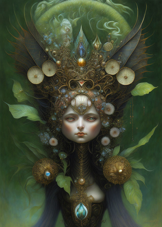 Fantasy portrait with elaborate peacock feather headgear