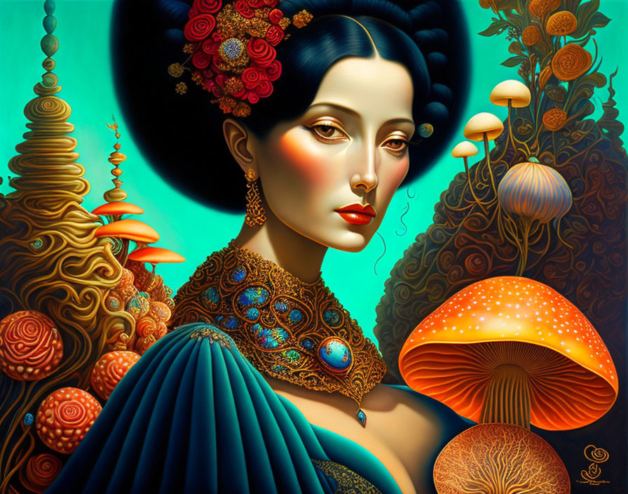 Surreal portrait of woman with stylized makeup and flower-adorned hair in vibrant, whims