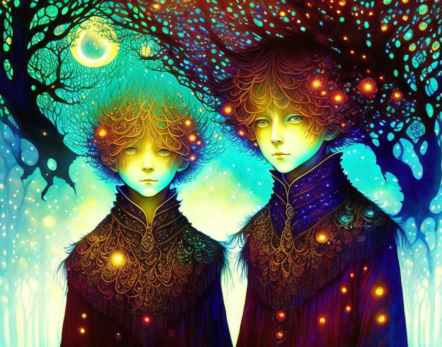 Stylized characters in ornate clothes under starlit sky