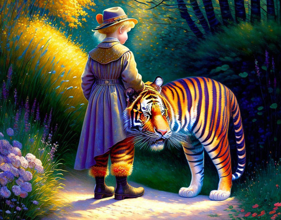 Child in hat and coat walks with tiger in flower-lined forest at dusk