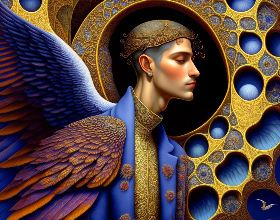 Detailed digital art of angelic figure with golden halo and blue wing against patterned background