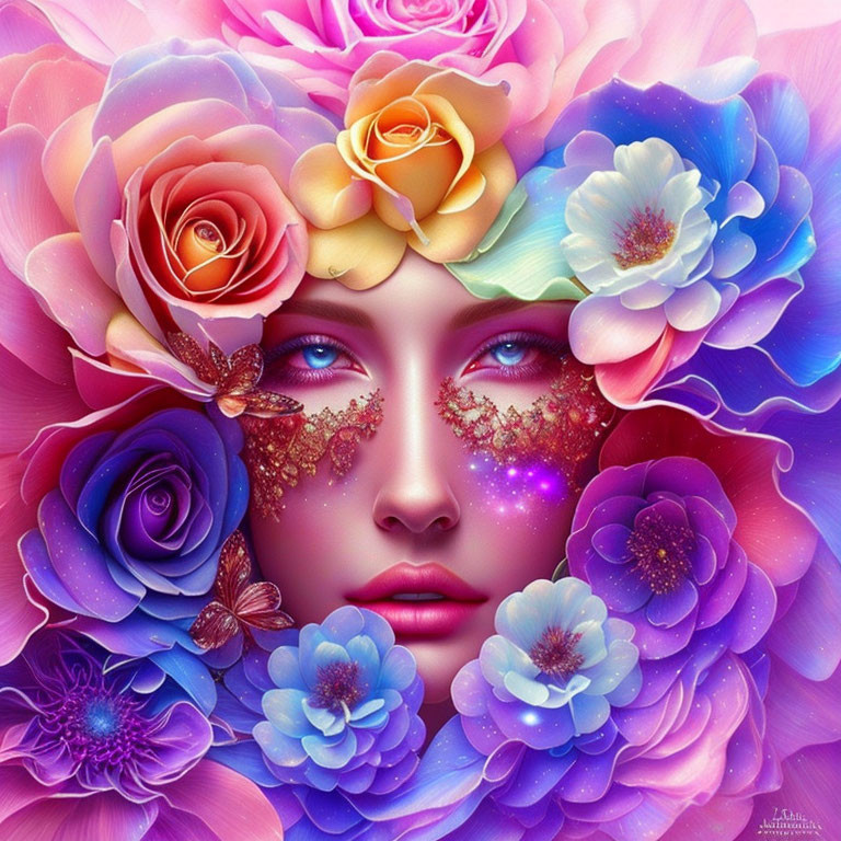 Colorful Feminine Face Surrounded by Roses and Cosmic Elements