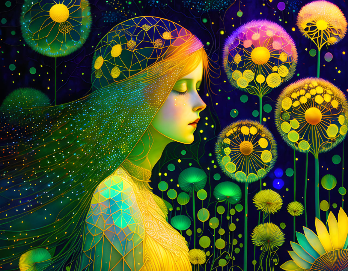 Colorful woman with floral and geometric patterns on starry background in art nouveau and psychedelic blend.