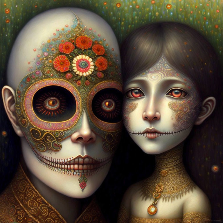 Ornate floral patterns on stylized skull and humanoid figures against starry background