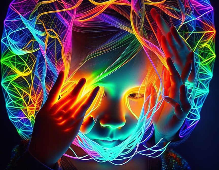 Child with Neon Lights and Colorful Threads on Dark Background