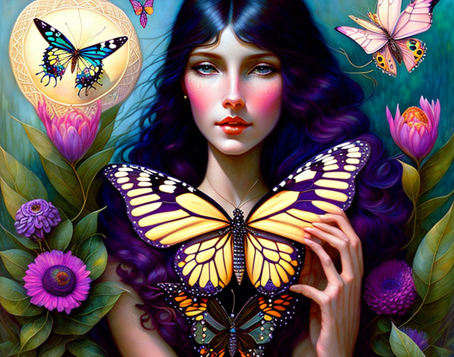 Illustrated woman with purple hair in nature scene with butterflies and moon