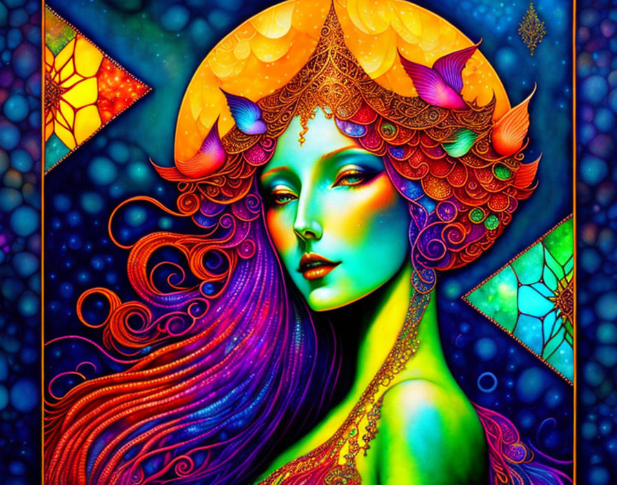 Colorful artwork of woman with golden headgear and purple hair surrounded by butterflies.