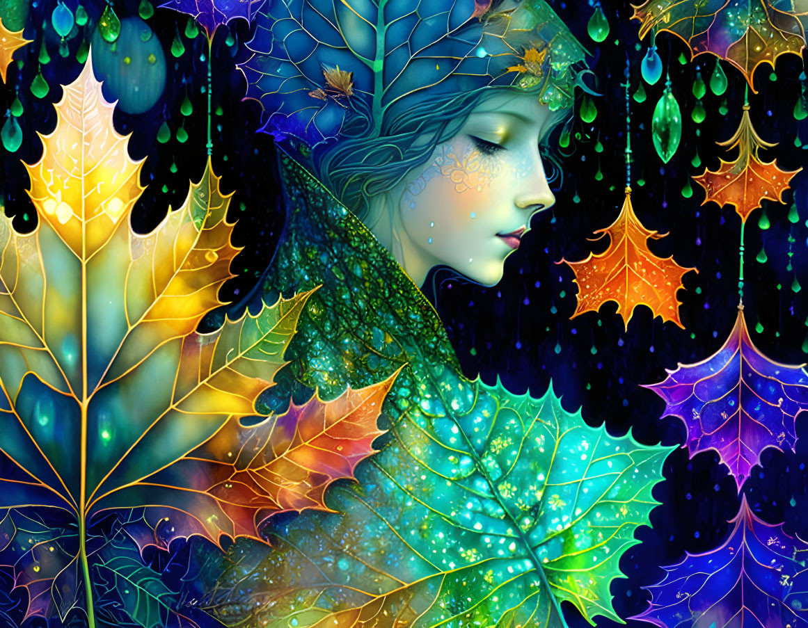 Colorful digital artwork: Serene female figure with leaves and butterfly wings