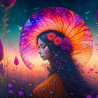 Vibrant woman with floral halo and butterflies in whimsical scene