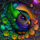 Vibrant owl digital art with intricate patterns and moon background