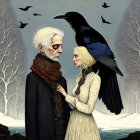 Illustration of older man and younger woman in wintery forest with crow