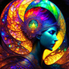 Colorful digital artwork of woman with intricate butterfly wing headdress