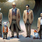Seven men in stylish attire with unique animal head features and two foxes in mystical forest setting.