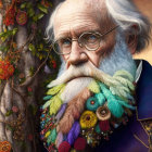 Colorful textured beard and wire-rimmed glasses on elderly man against tree and flowers.