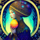 Woman in ornate blue and gold attire holding intricate egg in mystical forest.