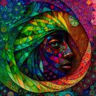 Colorful digital artwork: Woman's face with celestial moon motif