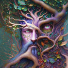 Man's face merges with tree elements in vivid green and purple illustration