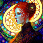Red-haired woman with intricate patterns on skin in cosmic Celtic background