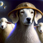 Central sheep with human-like gaze in ornate hat surrounded by others under moonlit sky