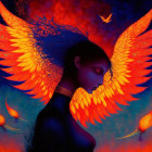 Woman with Phoenix Wings Surrounded by Flames and Smaller Phoenixes