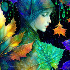 Colorful digital artwork: Serene female figure with leaves and butterfly wings