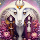 Fantastical image: White ram with decorative headpiece, ethereal female figures, floral elements,