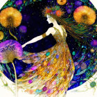 Illustration of woman in ornate gown among vibrant flowers & cosmic backdrop