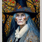 Elderly woman with intense eyes in witch's hat among autumn leaves.