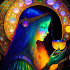 Illustration: Woman with Blue Hair Holding Glowing Chalice in Ornate Circular Window