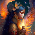 Fantastical woman with wings, flames, peacock, and butterfly in intricate setting