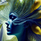 Blue-skinned woman with intricate leaf patterns and yellow elements in digital art